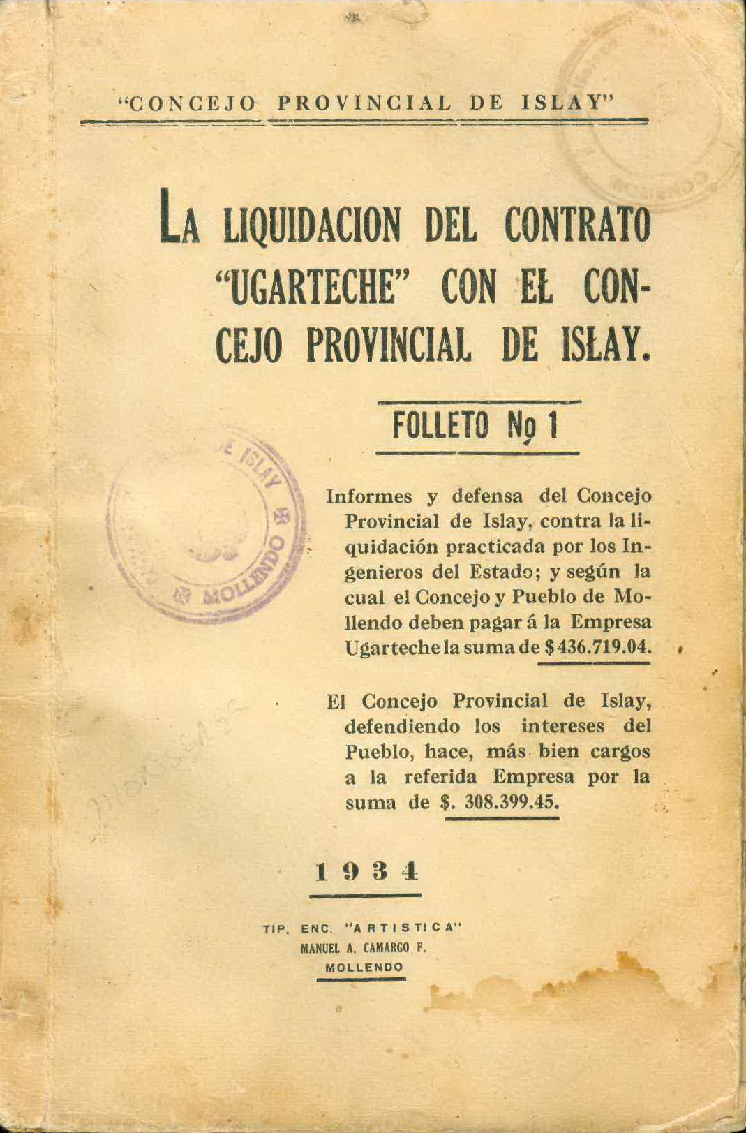 La liquidación del contrato "Ugarteche" con el Concejo Provincial de Islay - Folleto 1