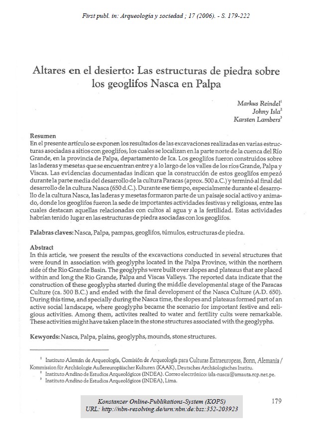 Altares en el desierto - Las estructuras de piedra sobre los geoglifos Nasca en Palpa REINDEL, M. et.al. 2006.