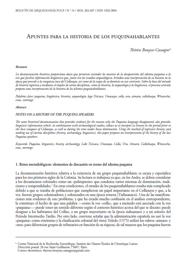Apuntes para la historia de los puquina hablantes