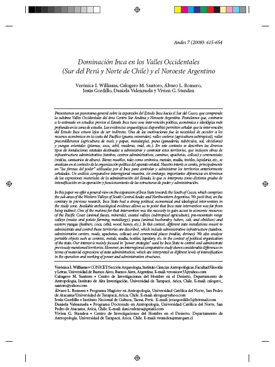 Dominación inca en los valles occidentales - Sur del Perú Norte de Chile y Noroeste Argentino