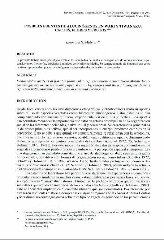 Posibles fuentes de alucinógenos en Wari y Tiwanaku cactus, flores y frutos MULVANY, E. 1994.