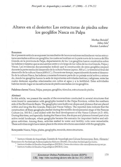 Altares en el desierto - Las estructuras de piedra sobre los geoglifos Nasca en Palpa REINDEL, M. et.al. 2006.
